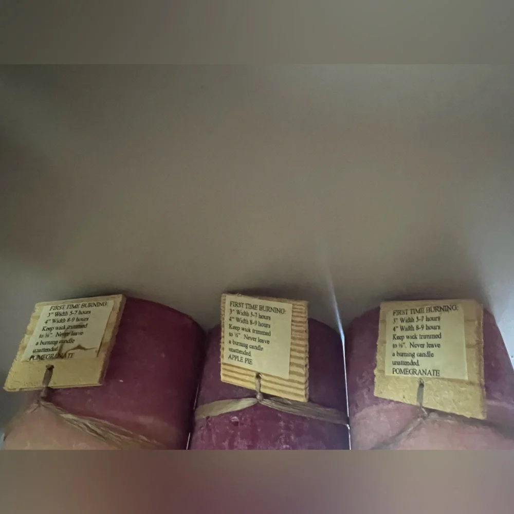 Rustic Charm Pillar Candle Set - 2 Pomegranate and 1 Apple Pie - Picture 3 of 3